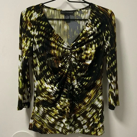 Cool Grace Elements Brown Yellow & Black Pleated Accent Polyester Spandex Top! - Picture 6 of 11